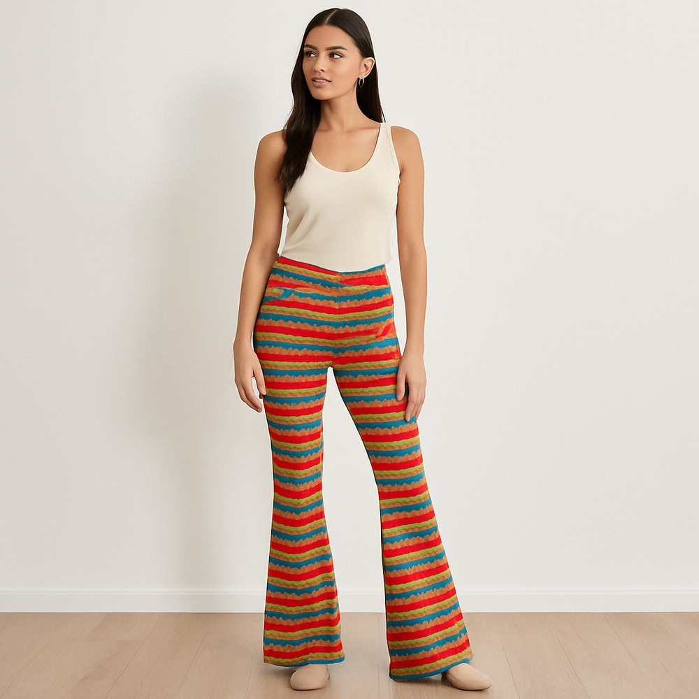 Show Me Your Mumu Susie Pants M Paradise Island Knit Flare Boho Rainbow Zig Zag
